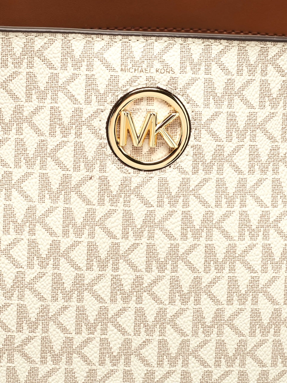 MICHAEL KORS shopper Vanilla e cuoio monogram MK logo oro
