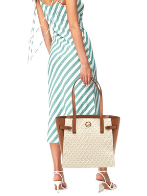 MICHAEL KORS shopper Vanilla e cuoio monogram MK logo oro